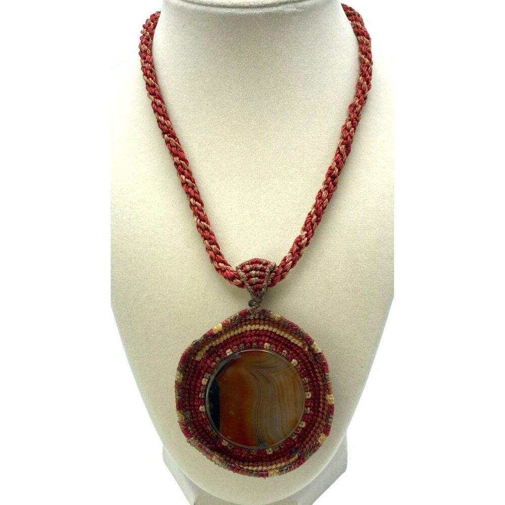Vintage Macrame Necklace Hand Made Agate Stone Pendant 21" Long Red Tan Woven